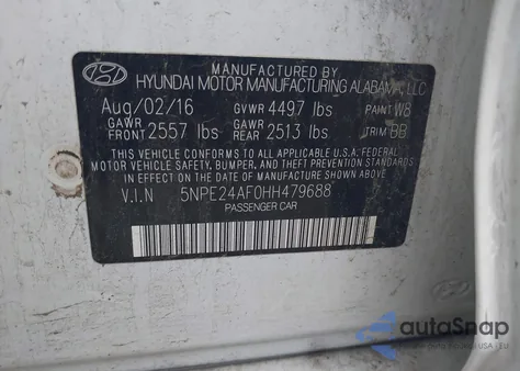 2017 Hyundai Sonata Se from USA, damaged, VIN 5NPE24AF0HH479688
